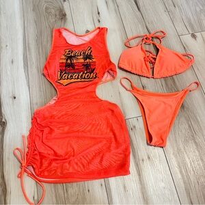 Neon Orange Beach Vacation Bikini Set with Cover-Up